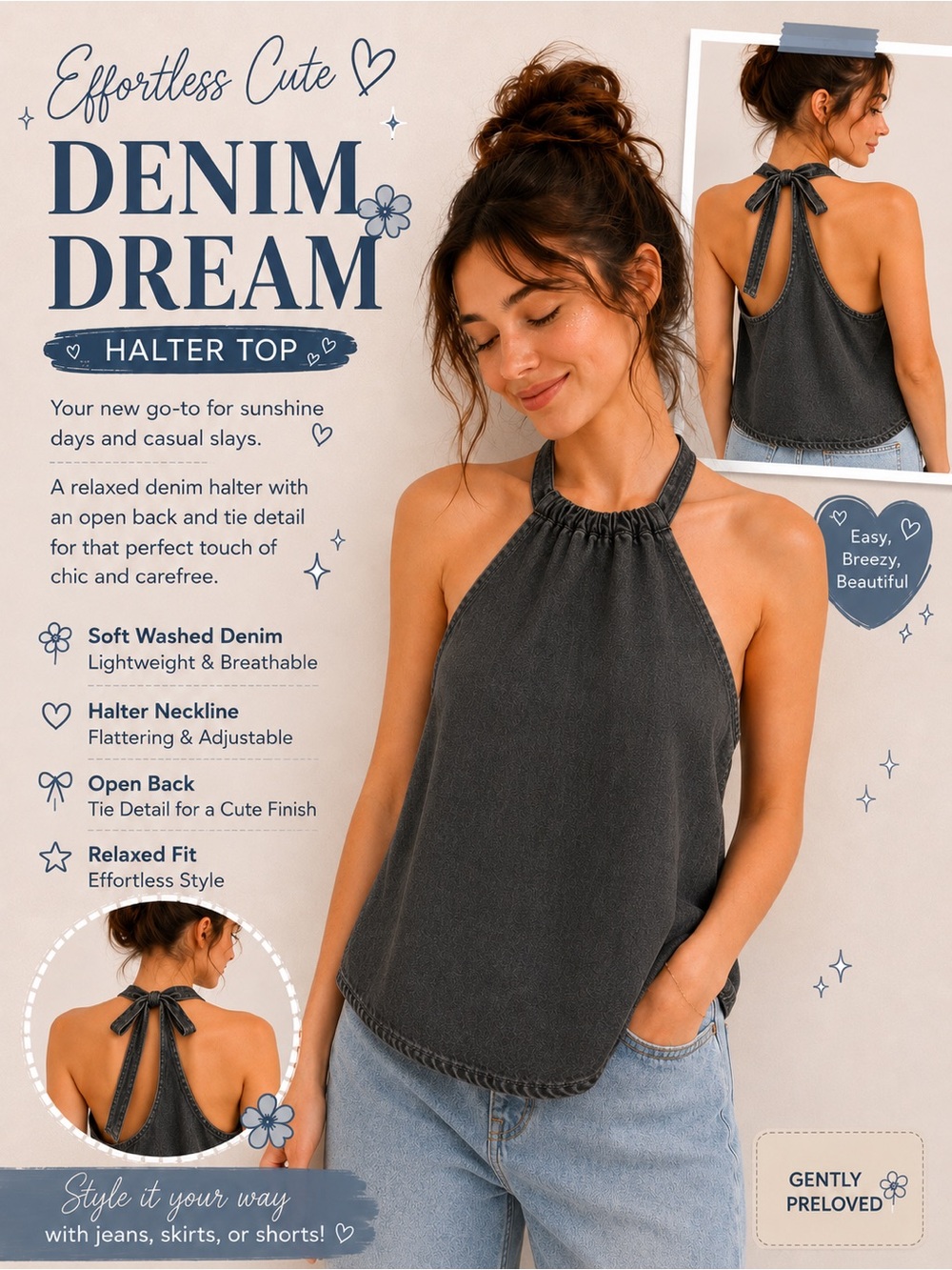 Denim Dream Halter Top - Washed Black